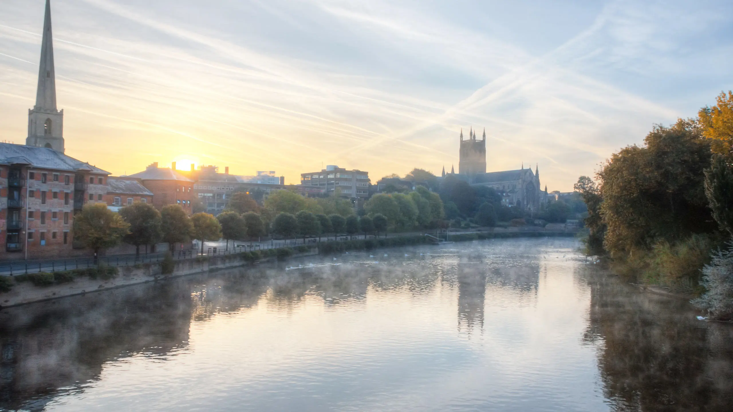 A view of Worcester Cathedral over the River Severn during a Winter morning