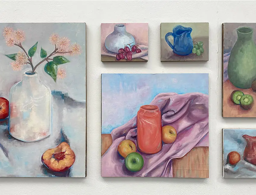 Student work- illustrations of food, vases and jugs on a table