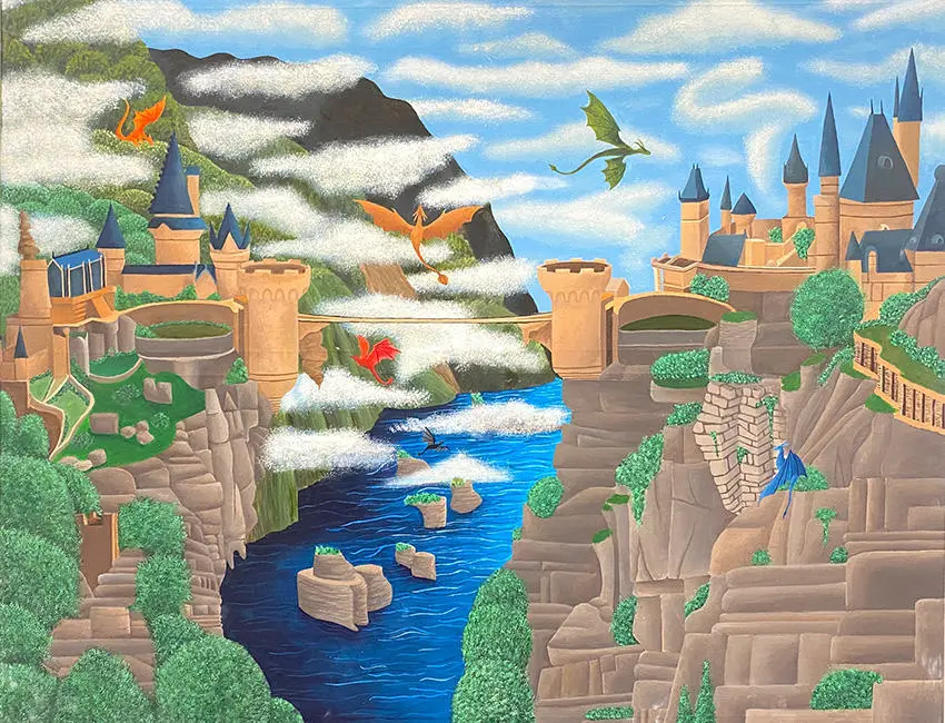 Student work- landcape paiting of a river between two castles