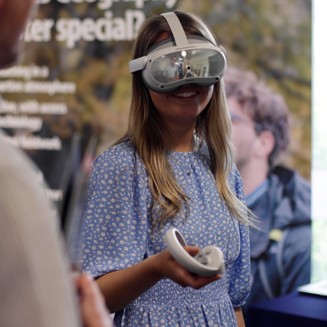 A student wearing a virtual reality headset