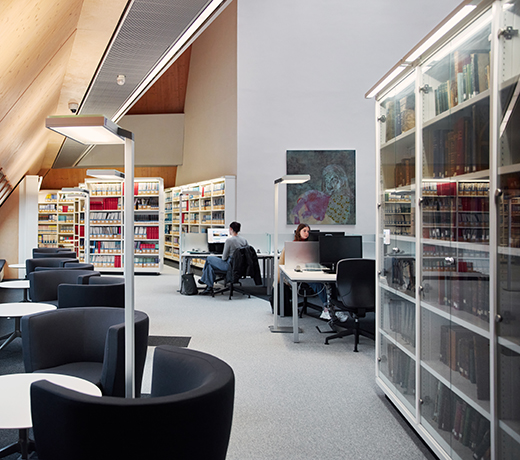 Two students working on computers in The Hive Library