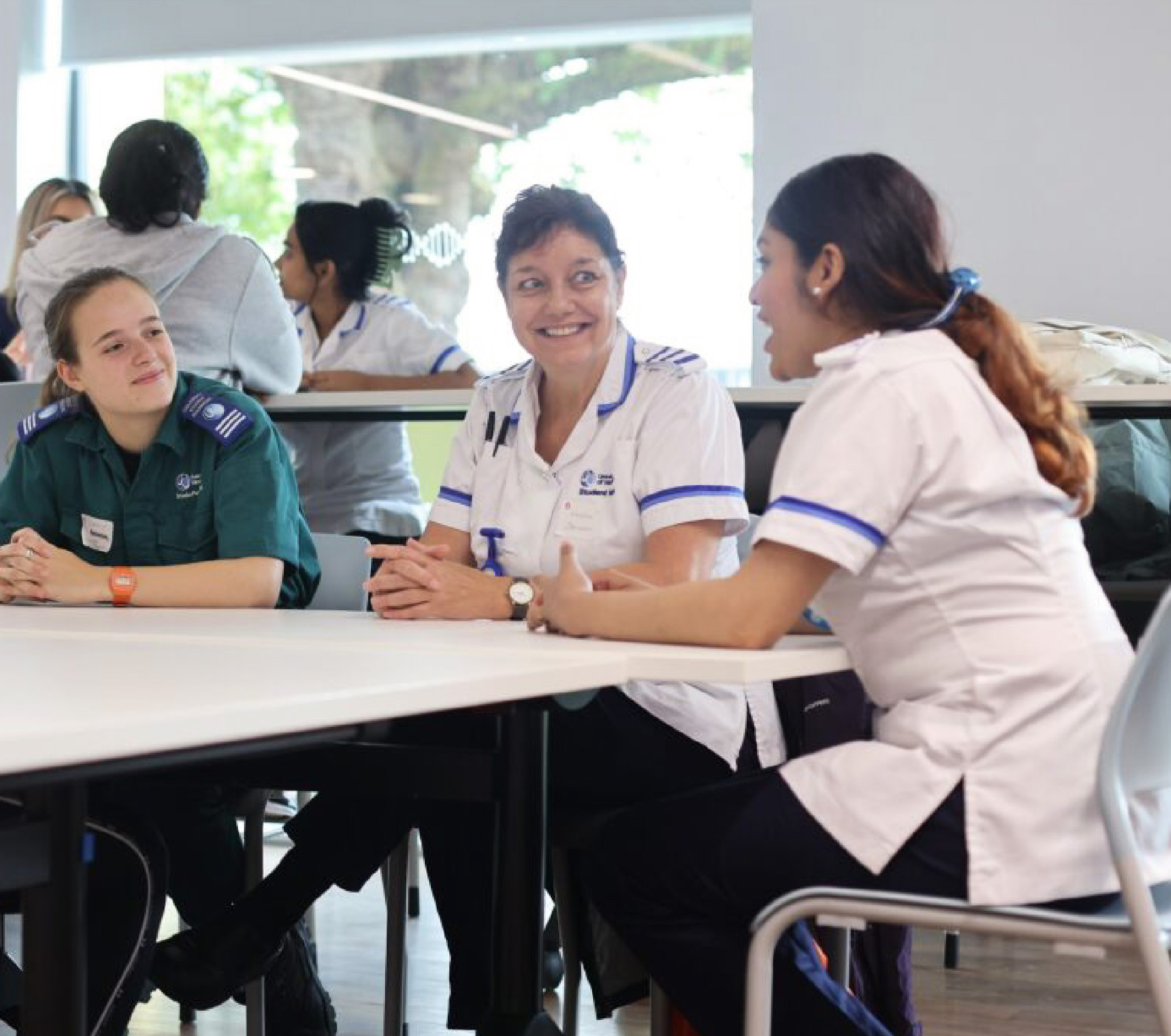 A group of Nursing, Paramedic, and Medical School students seated around a table and talking