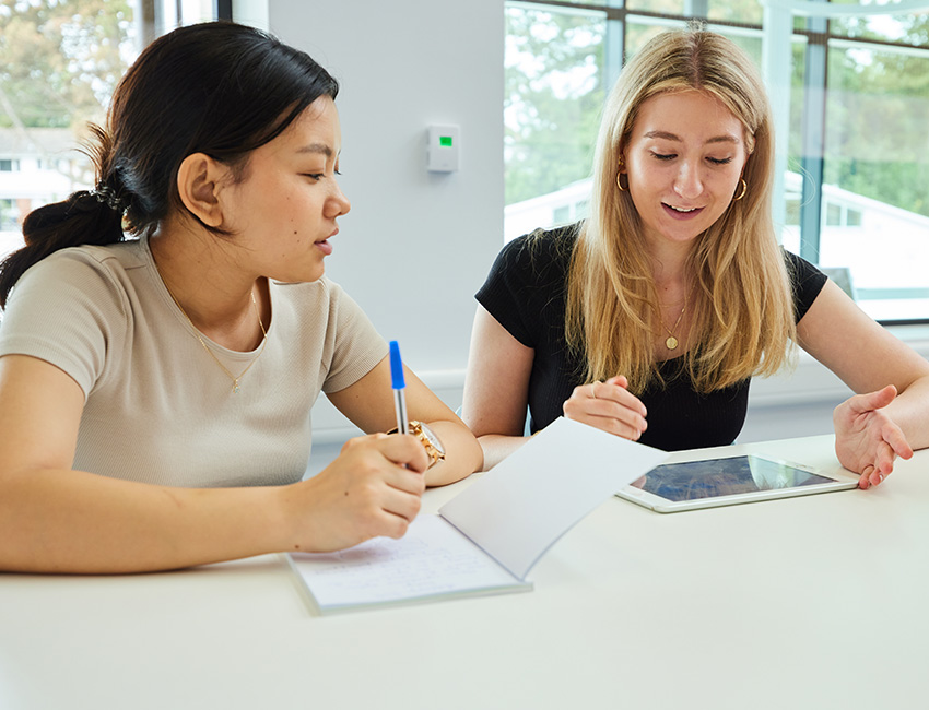 Two students talking and studying together