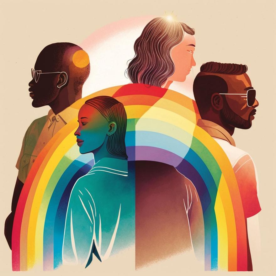 An AI generated illustration showing a rainbow and a diverse group of four people