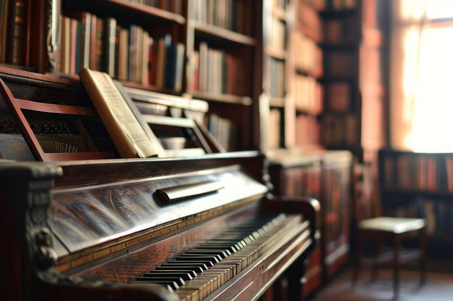 Piano in a library