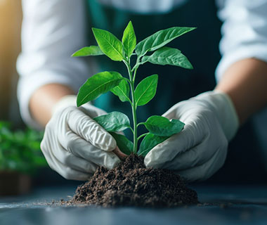 A glove wearing person is holding a plant