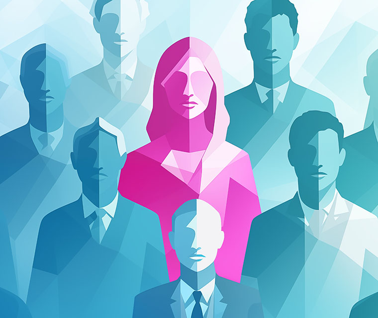 Illustration of low poly pink businesswoman highlighted in a crowd of blue businessmen